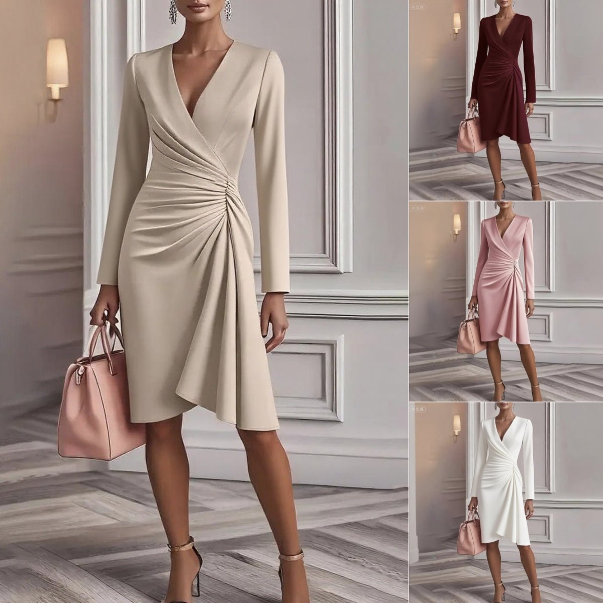 Vestito Midi Drappeggiato con Scollo a V